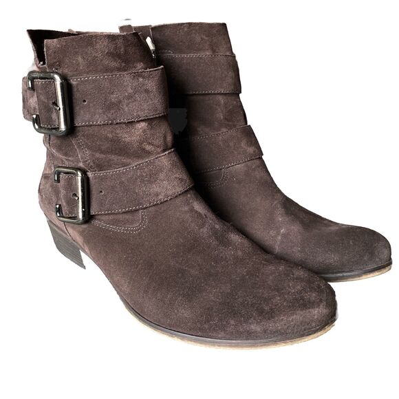 Paul Green Women US 5.5 Denver Suede Belted Biker Moto Boot Brown Ankle Bootie - Picture 1 of 10